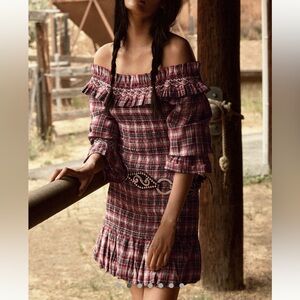 Anthropologie Dress Pilcro Smocked Plaid Mini Red Blue Western SIZE MEDIUM NEW